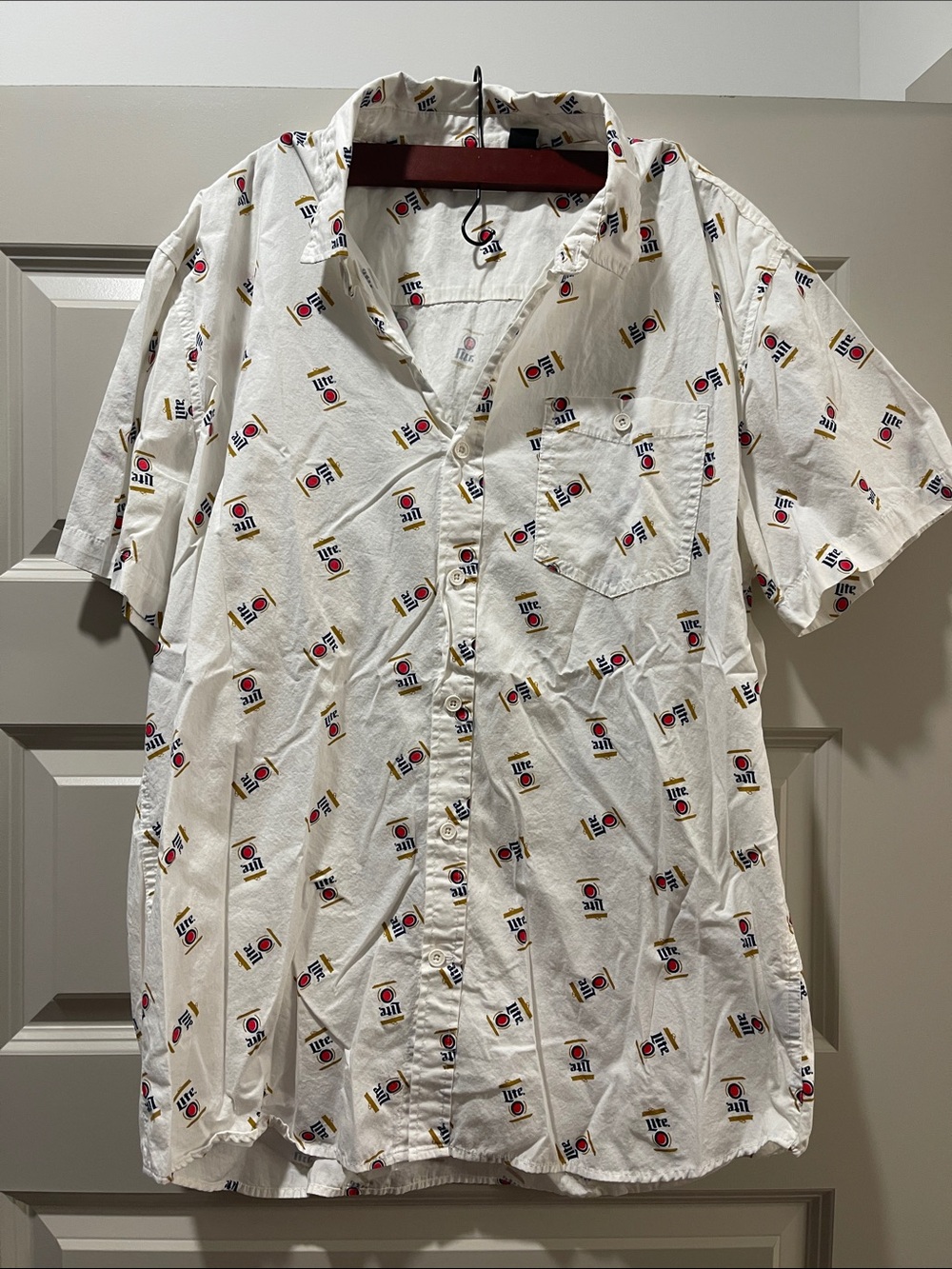 Men's White Short-Sleeve Button-Down Shirt with Miller Lite can Micro Print